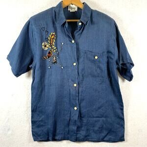 Vintage Bijou Womens 100% Linen Button Top Sz L Blue Rodeo Glam Ornate Beaded‎